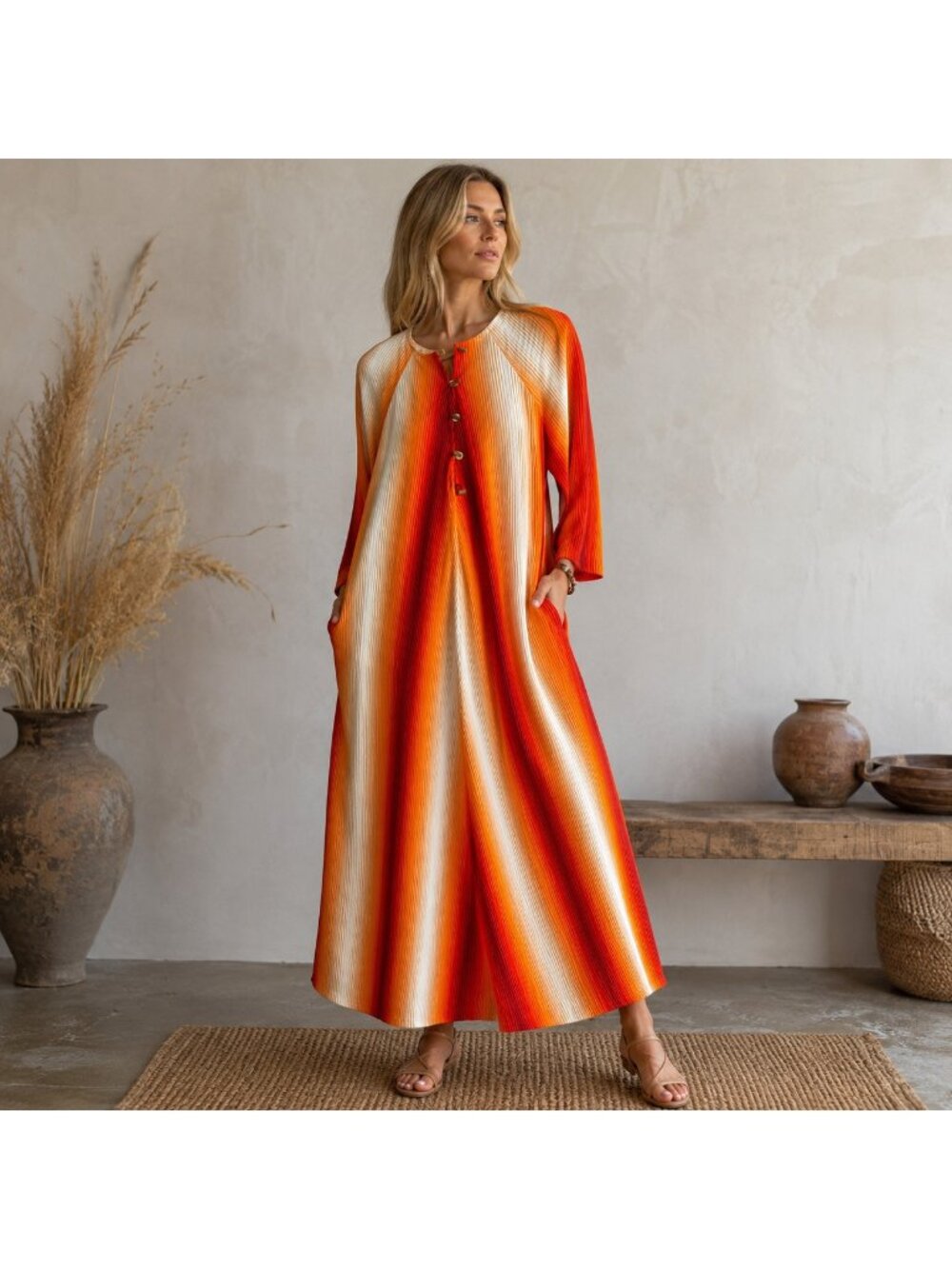 Vintage Sears 70s Chevron Print Orange Trapeze House Dress L
